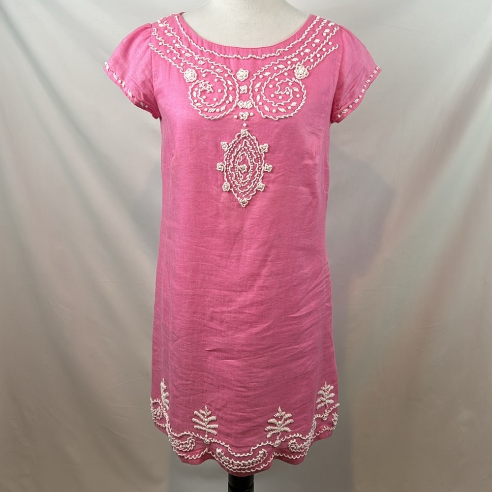Lilly Pulitzer Rawley Beaded Casual Short Sleeve Pink Linen Shift Dress Size 4